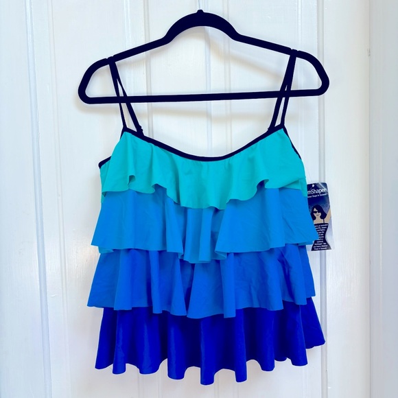 Slim Shaper Other - NWT BLUE AND BLACK SLIM SHAPER TANKINI RUFFLE TIERED SWIMSUIT TOP WOMENS SIZE 12